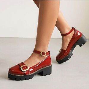 Red Patent Leather Platform Chunky Mary Janes with Gold Buckle